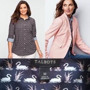 Talbots Navy Pink Swan Print Cotton Poplin Button Down Blouse Top size 10